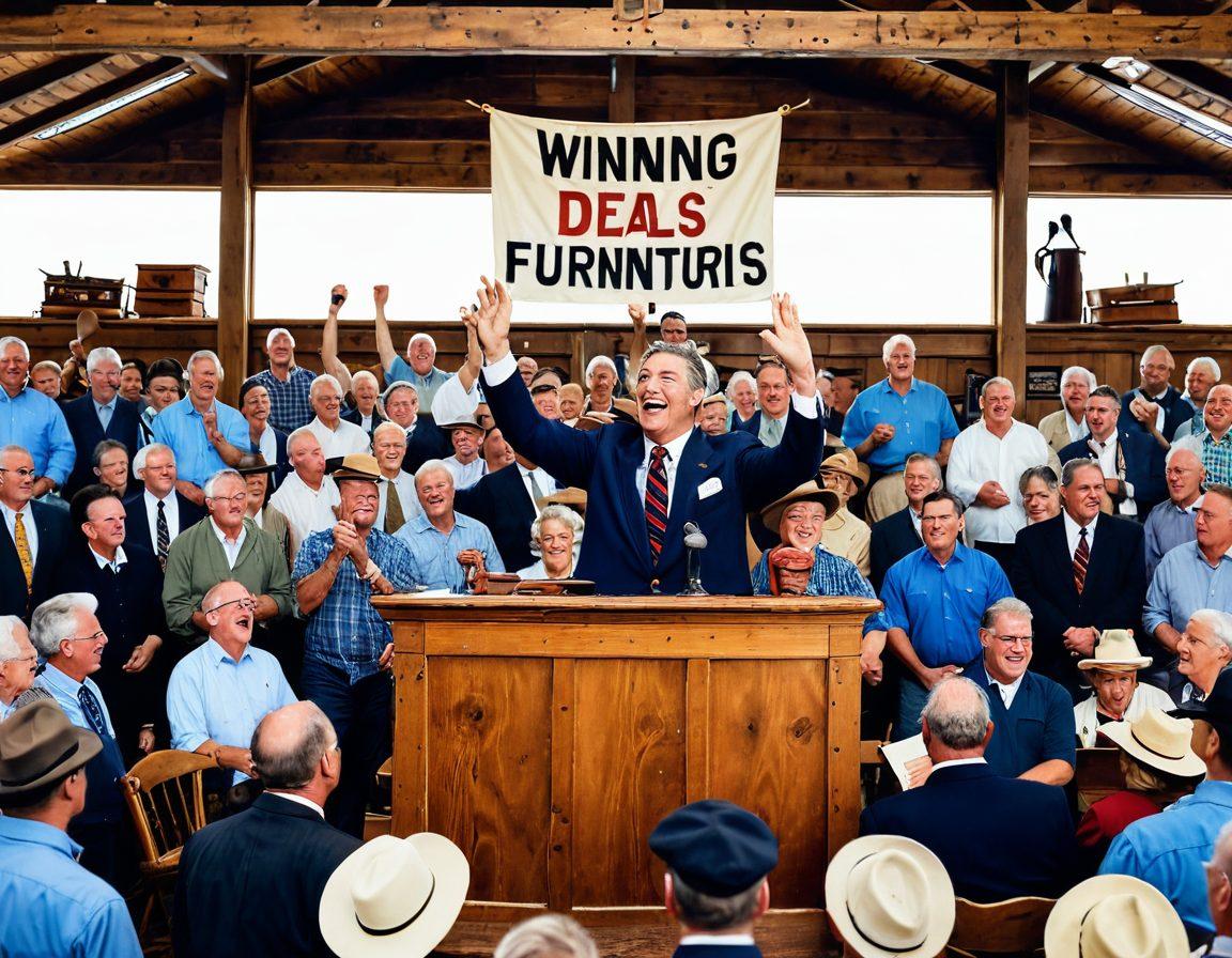 A busy local auction scene with bidders enthusiastically raising paddles in a rustic community hall, showcasing various intriguing items like antique furniture, collectible artifacts, and vintage electronics. The auctioneer stands animatedly at the podium, enhancing the atmosphere with excitement and anticipation, with a background banner reading 'Winning Tips & Top Deals'. super-realistic. vibrant colors. white background.
