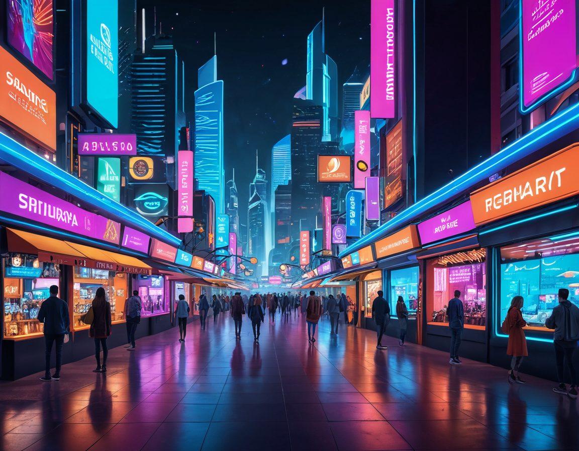 A bustling digital marketplace filled with vibrant market stalls, each representing a different local deal. Shoppers engaging with augmented reality interfaces to find offers, while a cityscape in the background emphasizes the local aspect. Bright neon signs and holograms displaying discounts, surrounded by a dynamic and tech-savvy atmosphere. futuristic, vibrant colors, digital art.